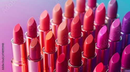 A colorful shot of a collection of unbranded lipsticks arranged in a gradient...