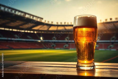 a beer glass sitting on a wooden table next to a soccer stadium