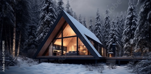 a cabin in the middle of snow covered trees