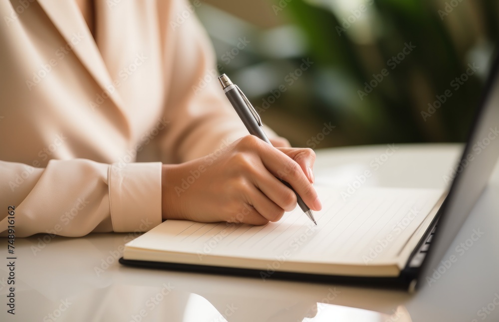 a businesswoman writes in an old notebook while sitting next to a laptop keyboard a businesswoman writes in an old notebook while sitting next to a laptop keyboard