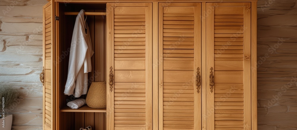 A classic rustic-style modern wooden cabinet stands tall with shutter plank doors, showing a towel hanging on its handle. A classic rustic-style modern wooden cabinet stands tall with shutter plank doors, showing a towel hanging on its handle.