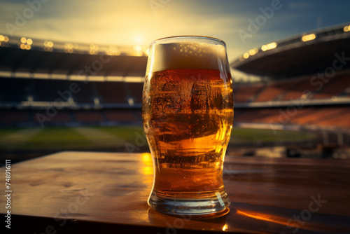 a beer glass and field are on a table in front of a stadium