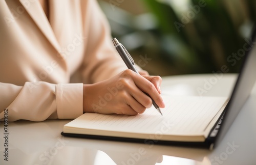 a businesswoman writes in an old notebook while sitting next to a laptop keyb...