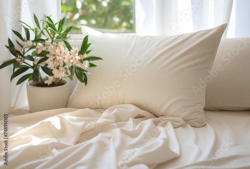 a bedroom with a bed, pillows, and a potted plant