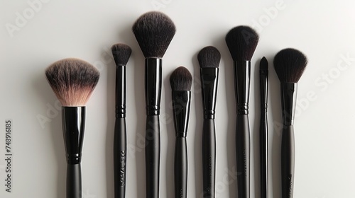 featuring a set of makeup brushes arranged neatly on a white background