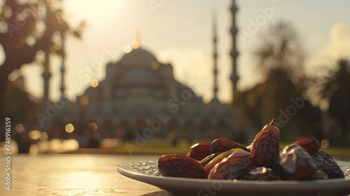 Sultan Ahmed Mosque can be seen in the sunny background. Dates, Ramadan concept. Close-up photo