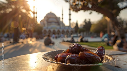 Sultan Ahmed Mosque can be seen in the sunny background. Dates, Ramadan concept. Close-up photo