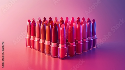 A colorful shot of a collection of unbranded lipsticks arranged in a gradient...