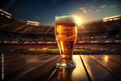 a beer glass and field are on a table in front of a stadium