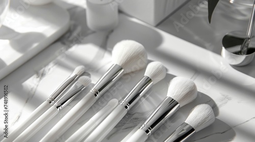 featuring a set of makeup brushes arranged neatly on a white background