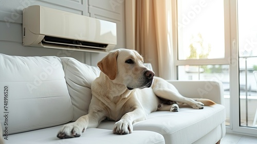 The dog lies on the sofa in a bright modern living room. Labrador cools down under air conditioning on a hot day