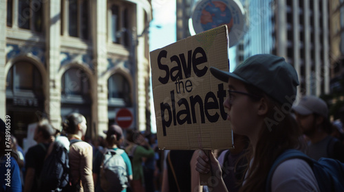 A woman with a sign that says save the planet at a demonstration. © Meritxell Cid