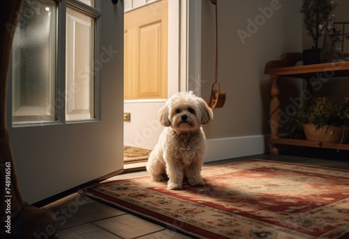 a dog sits on a rug in front of open door