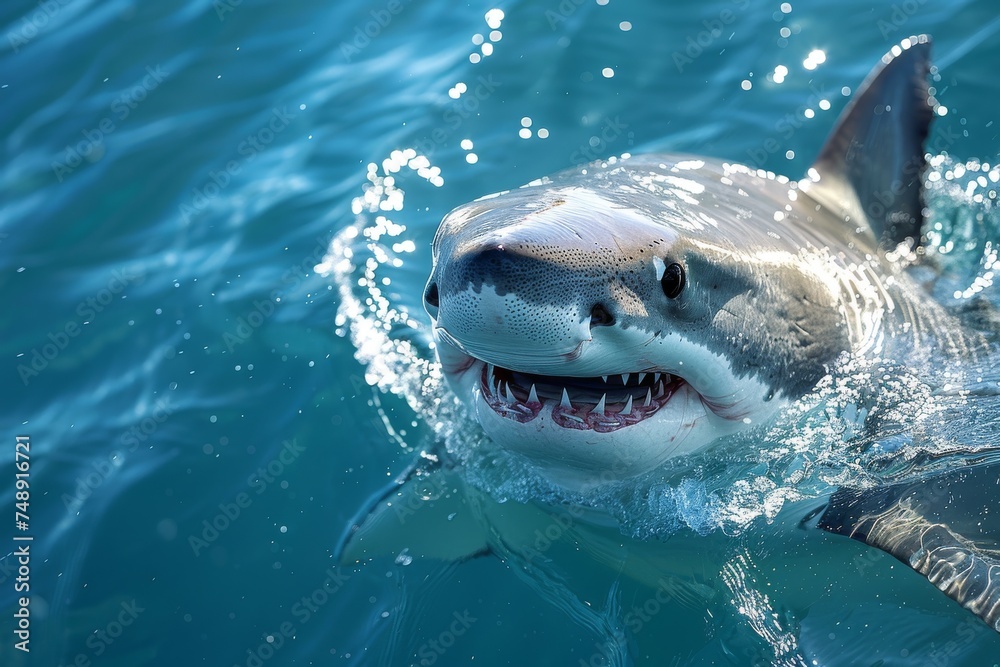 Fototapeta premium Majestic great white shark breaking through the water surface with menacing grin