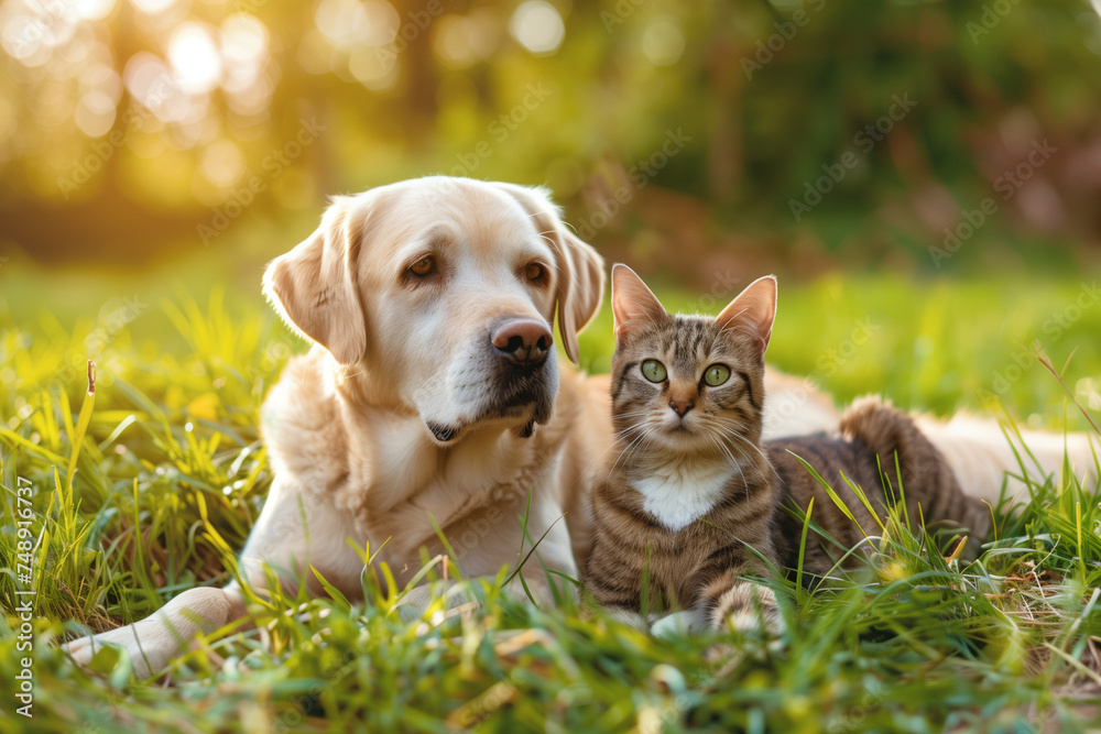 Cute dog and cat lying together on a green grass field nature in a spring sunny background Cute dog and cat lying together on a green grass field nature in a spring sunny background