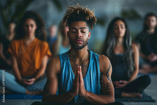 
Group meditation at seated cross-legged meditation practice during workout yoga session at sports club, breath exercise, closed eyes photo
