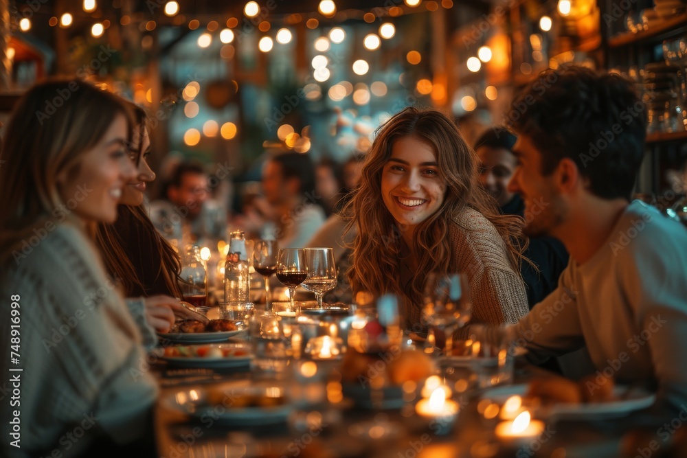 A jovial group of people sharing a meal in a warmly lit restaurant with a smiling woman in focus