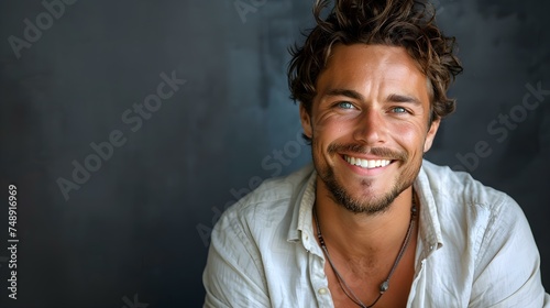 Attractive man chases laughter in bashful grin. Concept Portraits, Humor, Expressions, Candid Moments