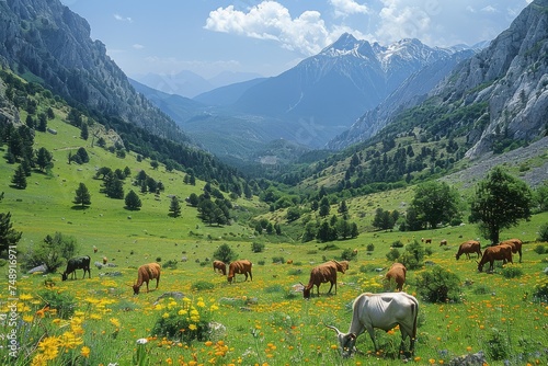 Majestic horses graze peacefully amongst wildflowers in a lush valley with towering mountains in the background