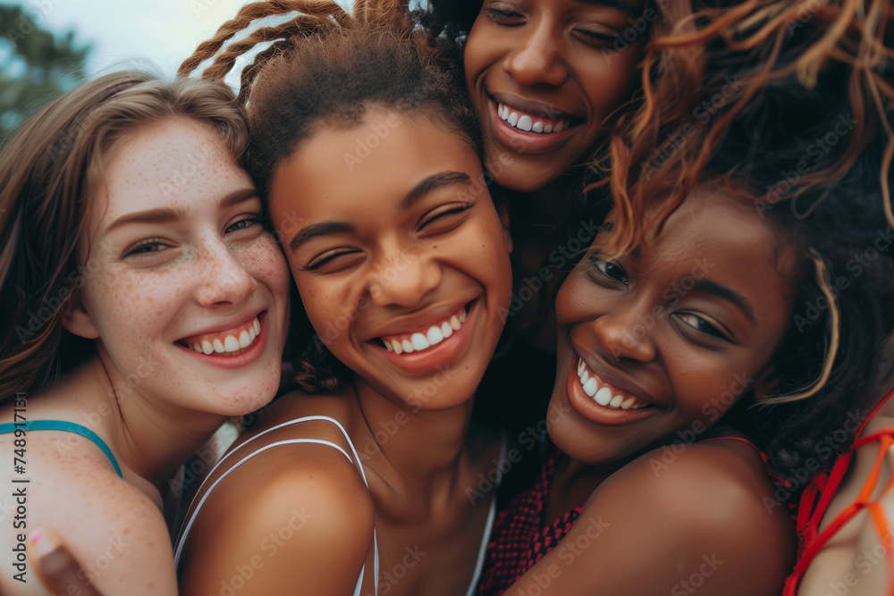 
Multi ethnic group of young women hugging outside - Happy girlsfriends having fun laughing out loud on city street - Female community concept with cheerful girls standing together - Women power