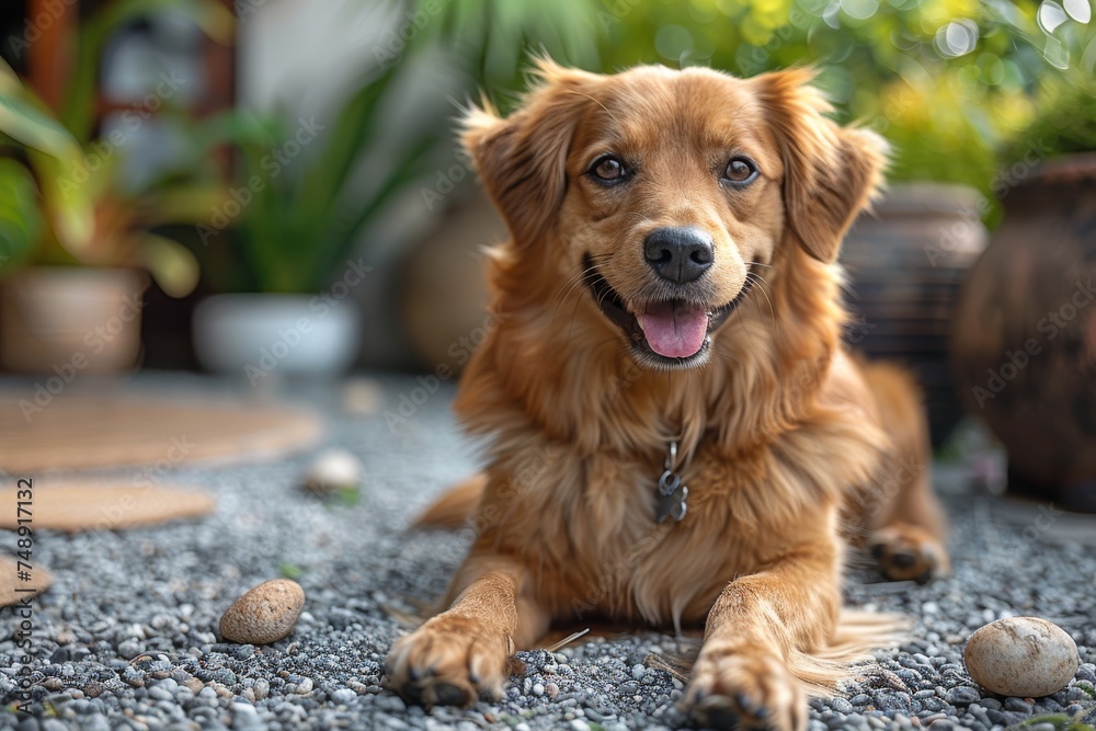 Adorable golden retriever dog with a collar is resting on a pebbly surface, gazing into the distance at a blurred garden background Adorable golden retriever dog with a collar is resting on a pebbly surface, gazing into the distance at a blurred garden background