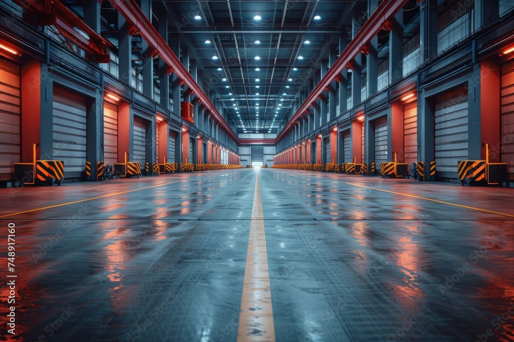 Perspective view of an expansive, empty industrial warehouse featuring a symmetrical design accented by red elements and ambient lighting Perspective view of an expansive, empty industrial warehouse featuring a symmetrical design accented by red elements and ambient lighting