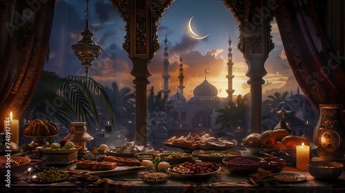 ramadan iftar, dates, lots of food, vibrant crescent moon and mosque in window photo