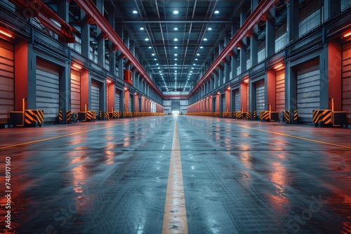 Perspective view of an expansive, empty industrial warehouse featuring a symmetrical design accented by red elements and ambient lighting photo