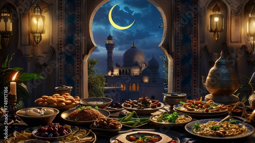 ramadan iftar, dates, lots of food, vibrant crescent moon and mosque in window photo