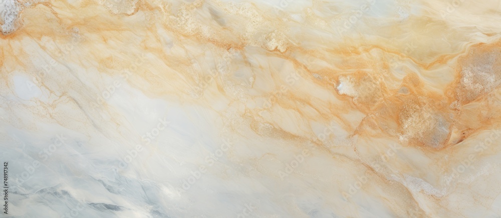Obraz premium A close-up view of a white and gold marble textured wallpaper, showcasing its intricate design and high resolution pattern. The wallpaper features a blend of white and gold hues,