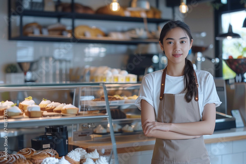 
Startup small business owner female baker entrepreneur standing at the counter of bakery and coffee shop