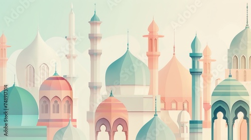 white background minimal, simple less details, Ramadan inspired shapes in graphic form with white background, pastel blue green and pink colors, monotone limited, shading mid century illustration,