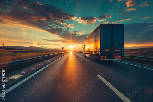  Truck driving on the asphalt road on highway on sunset background. Goods Delivery, Services and Transport logistics, Lorry driven
