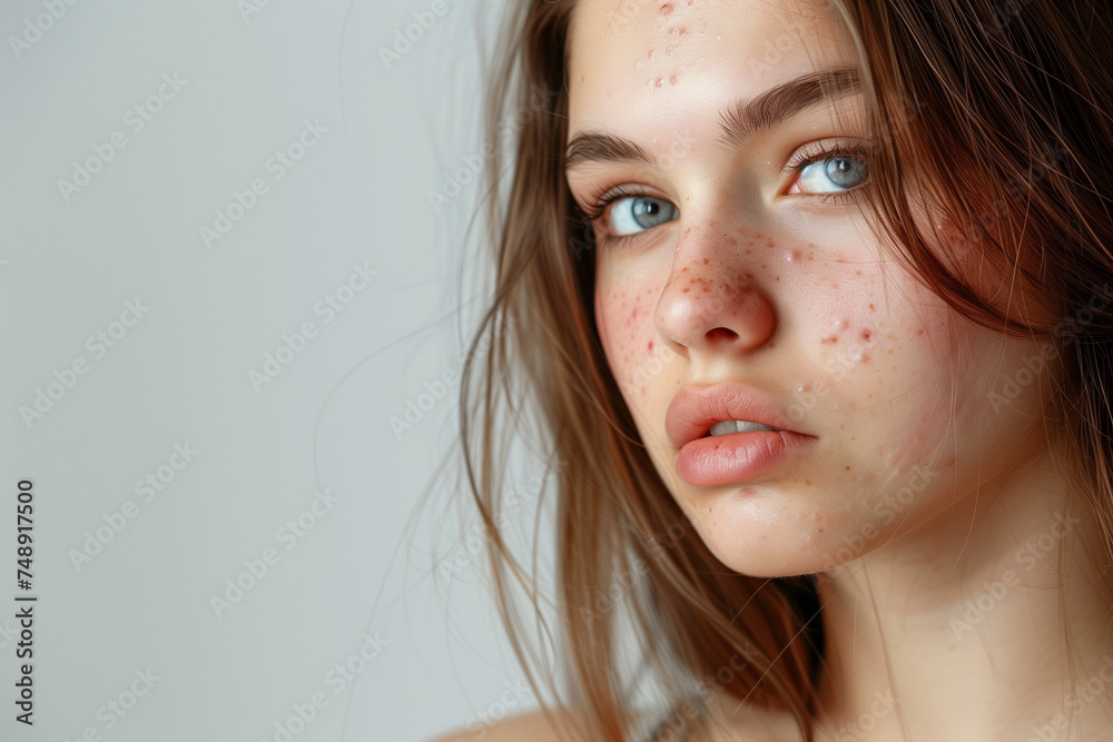 
Young woman with problematic skin and scar from acne - Skin care concept - obrazy, fototapety, plakaty 