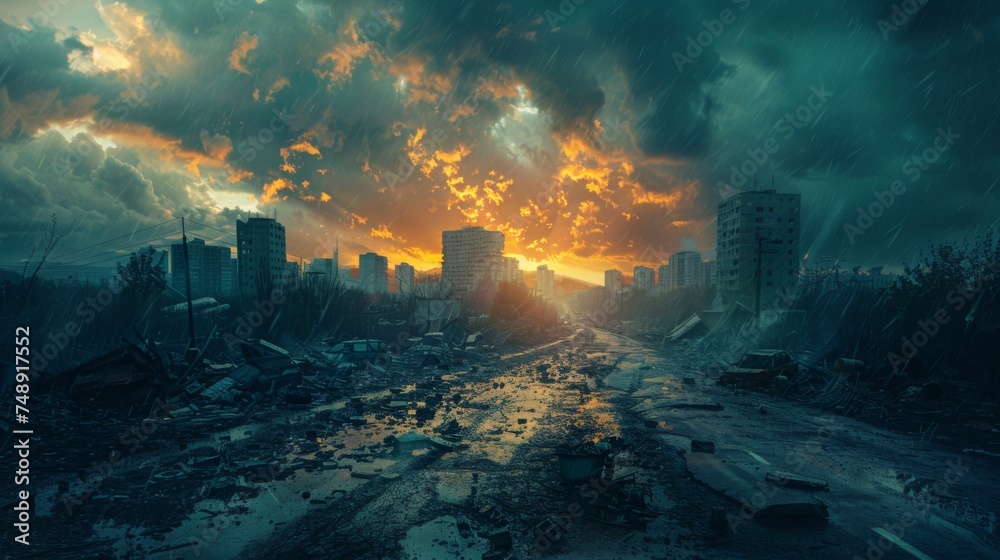 Acid rain effect on urban landscape, apocalyptic