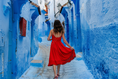  Young woman with red dress visiting the blue city Chefchaouen, Marocco - Happy tourist walking in Moroccan city street - Travel and vacation lifestyle © gilles