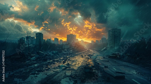 Acid rain effect on urban landscape  apocalyptic
