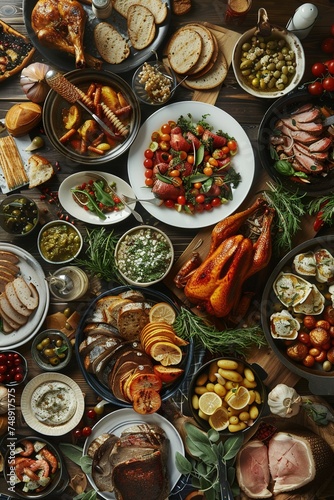 Bountiful Buffet: Variety of Foods Displayed in Top-Down Shot of Table