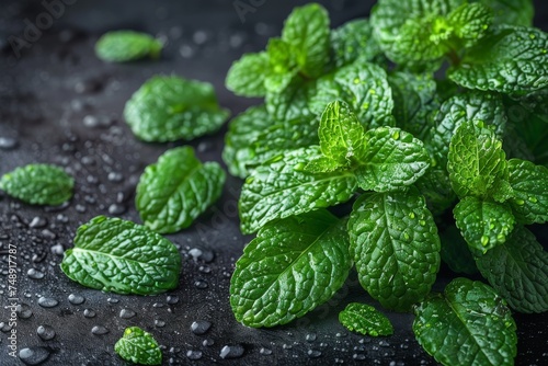 Vibrant green mint leaves with sparkling water droplets captured in a detailed close-up, emphasizing freshness and purity
