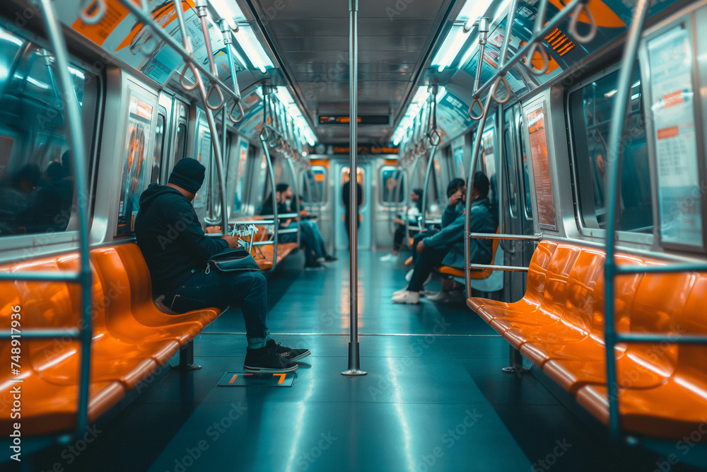 Solitary Reflections in the Cool Teal Glow of an Urban Subway Commute, Amidst Orange Seats and Silver Poles