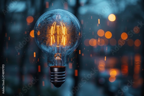 An illuminated light bulb with visible filament stands out against a rainy, bokeh-background