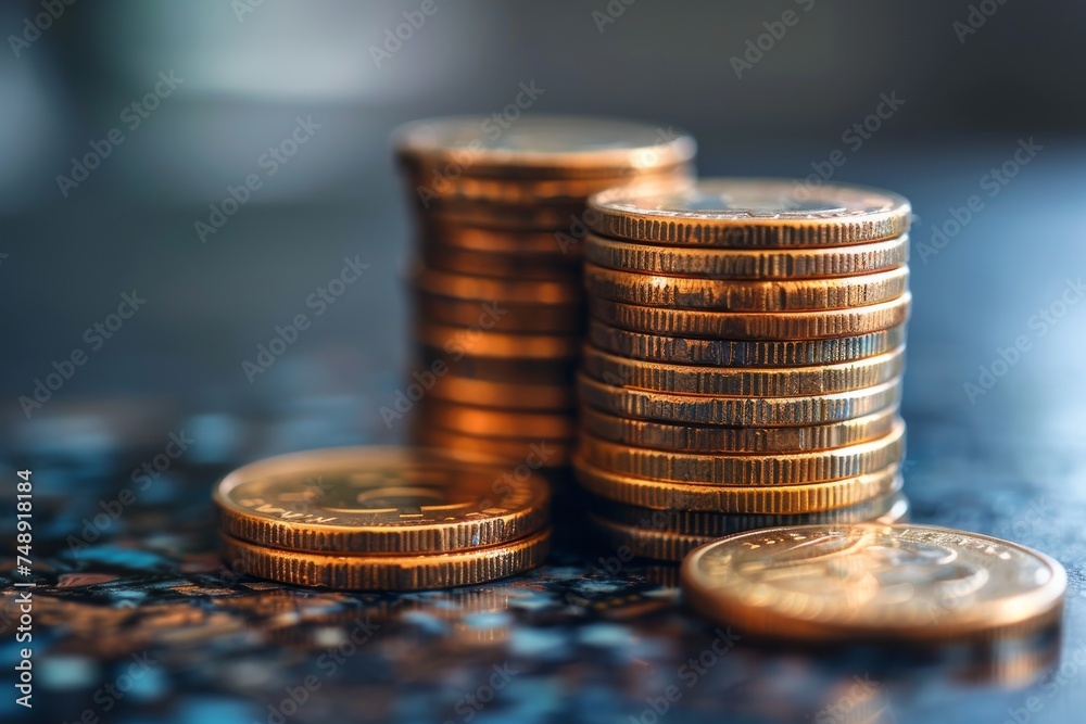 Macro shot focused on stacked coins representing investment, savings, and the financial market on a digital background Macro shot focused on stacked coins representing investment, savings, and the financial market on a digital background