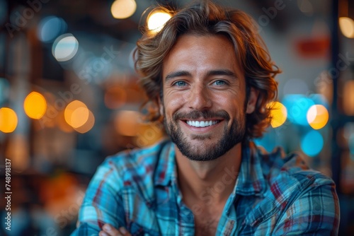 A beaming man with bright eyes and an infectious grin, casual in a plaid shirt within a vibrant diner