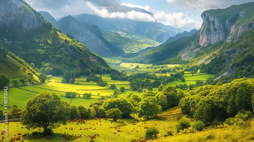 Majestic view of beautiful lush green valley with trees and colorful grass against picturesque high mountains in asturias in spain