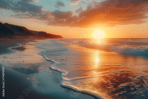 A breathtaking view of the sun setting over the horizon with waves gently washing ashore and undisturbed sandy beach photo