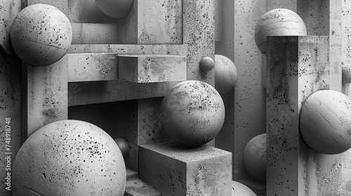 A monochromatic abstract composition featuring spheres and cubes in a textured concrete environment.