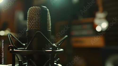 Microphone in recording studio, close-up, soft focus. 