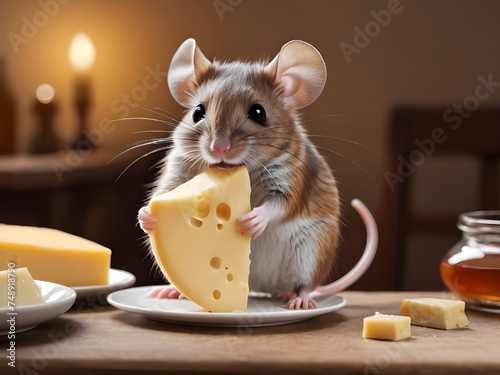 Adorable Dining Companion: A Mouse Enjoying Cheese on the Table
