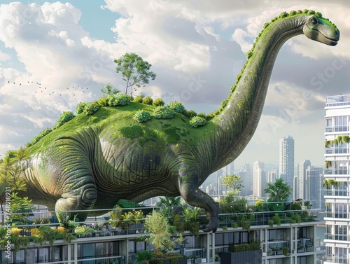 Friendly brontosaurus tidying the rooftop garden of a high-rise, showcasing an eco-friendly city living with a prehistoric twist © AI Farm