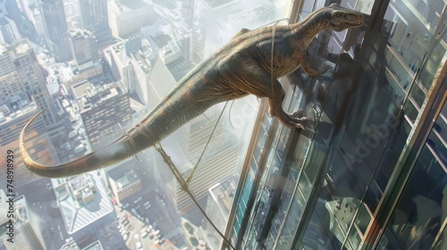 Giant dinosaur playfully cleaning windows on a skyscraper, blending the thrill of prehistoric creatures with urban maintenance photo